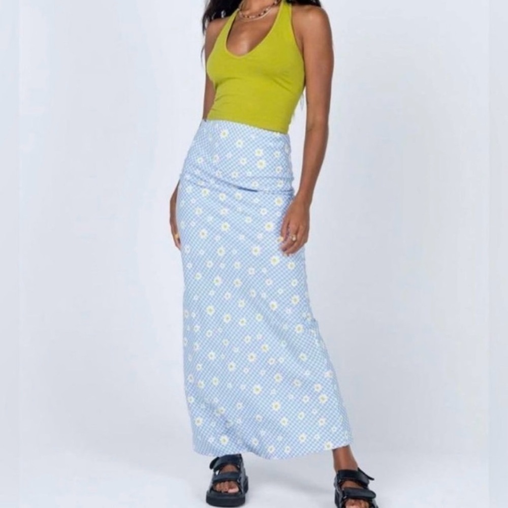 PRINCESS POLLY‎ Blue Daisy Check Seersucker Maxi Skirt Sz 8
